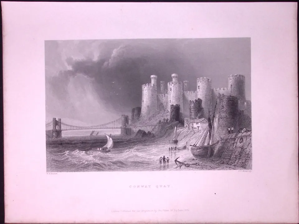 Conway Castle Quay Wales WH Bartlett 1842 Antique Steel Engraving-90