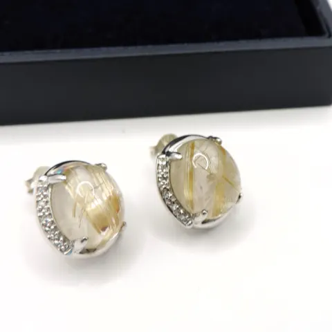  Sterling Silver Golden Rutilated Quartz & Diamond Earrings New With Gift Box