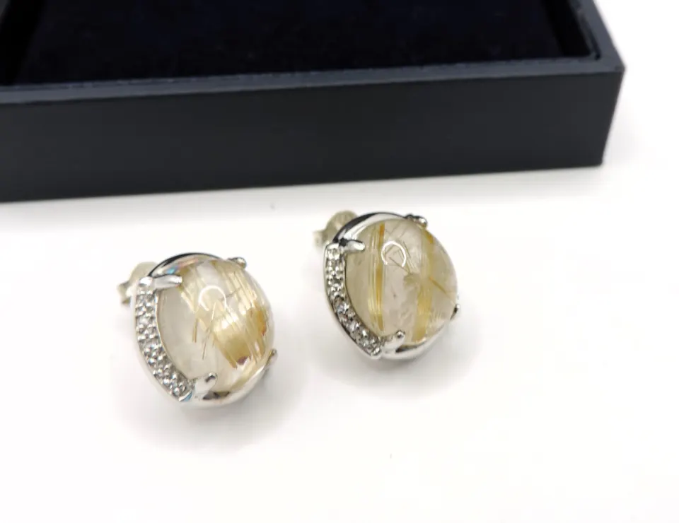  Sterling Silver Golden Rutilated Quartz & Diamond Earrings New With Gift Box