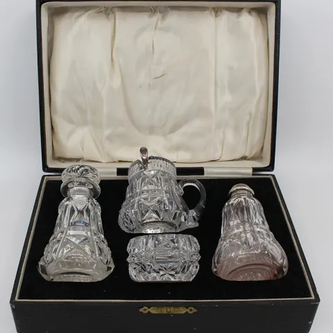 Cased John Walsh Crystal & Silver Cruet Set 1925