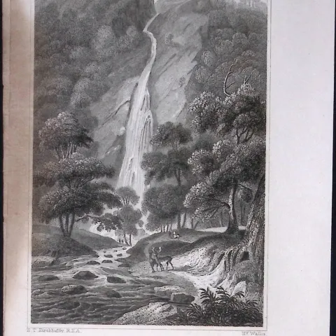 Wicklow Powerscourt Waterfall 194 Years Old Antique Steel Engraving-4