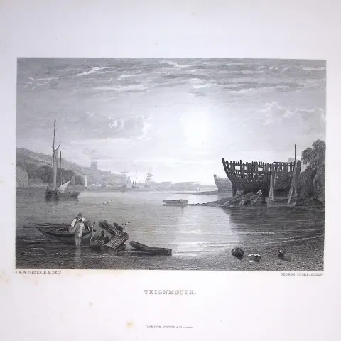 J.M.W Turner View of Teignmouth Devon Antique Steel Engraving-115-TR