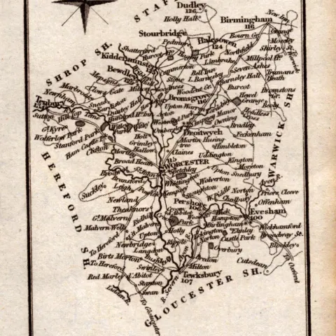 Worcestershire Antique Copper Engraved George IV Map by Sidney Hall.