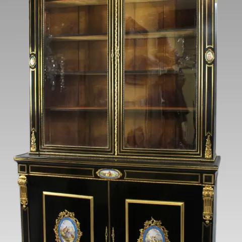 French Brass Inlaid Ebonized Bookcase with Sevres Plaques c.1820