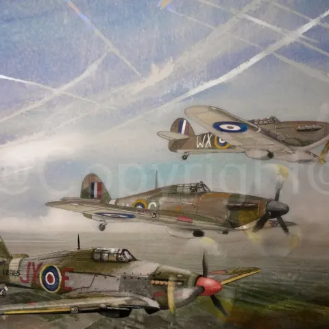 Three RAF Hurricanes On a WW2  Mission In Europe  Metal Wall Art
