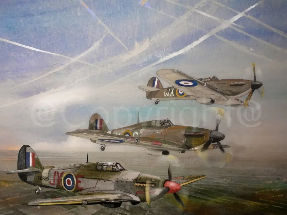 Three RAF Hurricanes On a WW2  Mission In Europe  Metal Wall Art