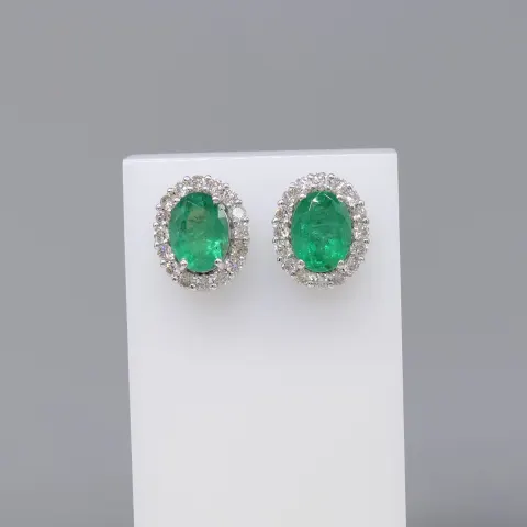 Pair of 18ct White Gold Oval Emerald and Diamond Cluster Ear Studs, Boxed