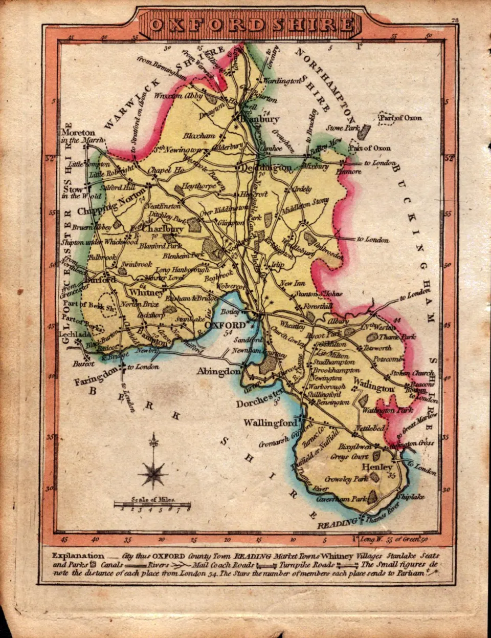 Oxfordshire Engraved Hand Coloured George IV Antique Map.