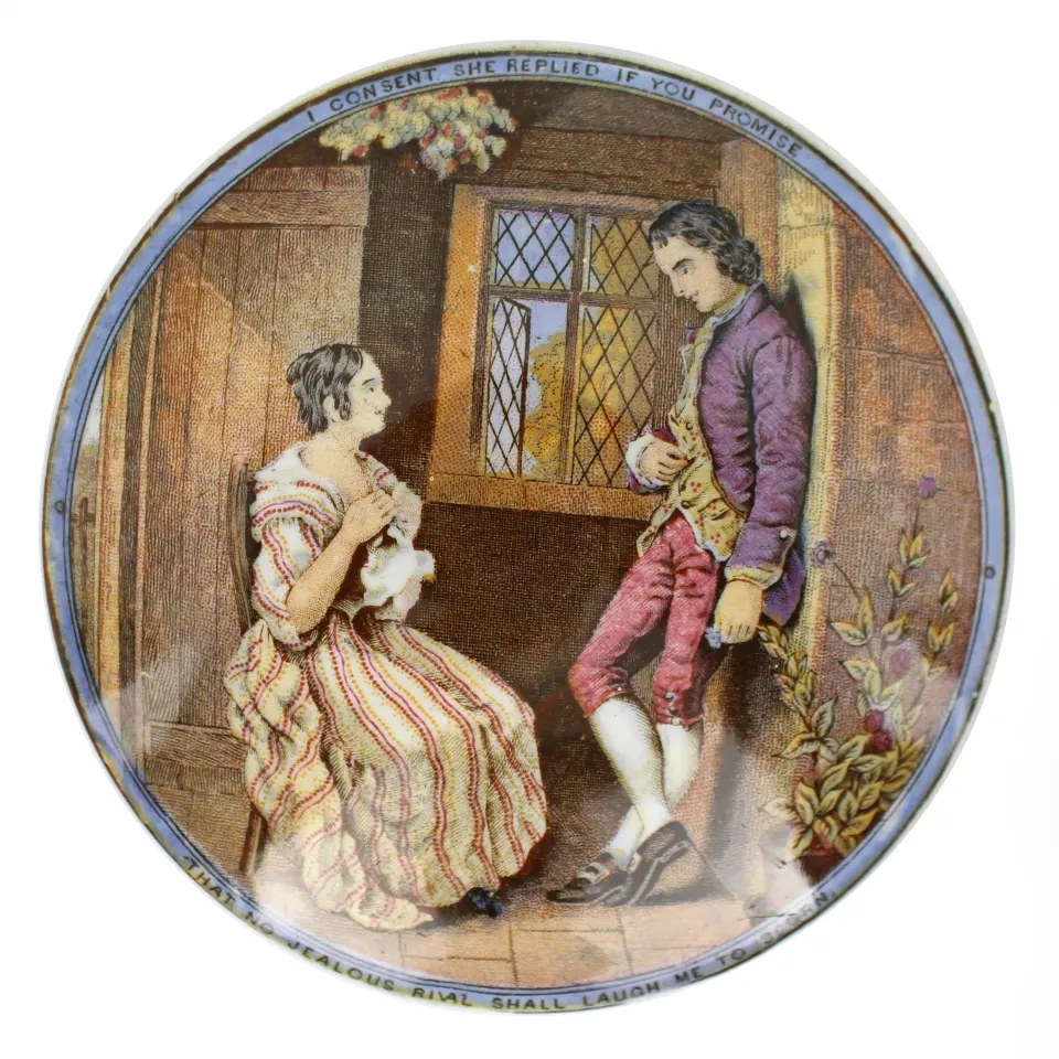Antique Prattware I Consent She Replied If You Promise Pot Lid & Base