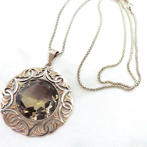 Vintage Sterling Silver 41 Carat Smokey Quartz Pendant Hallmark Birmingham 1954