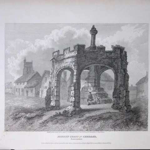 Market Cross At Cheddar Rare John Britton 191 Years-Old Antique Steel Engraving-27