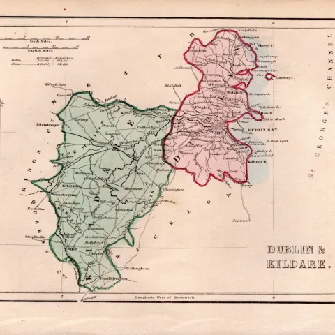 Dublin & Kildare County 1850’s  Antique Map Mrs Hall Tour of Ireland.