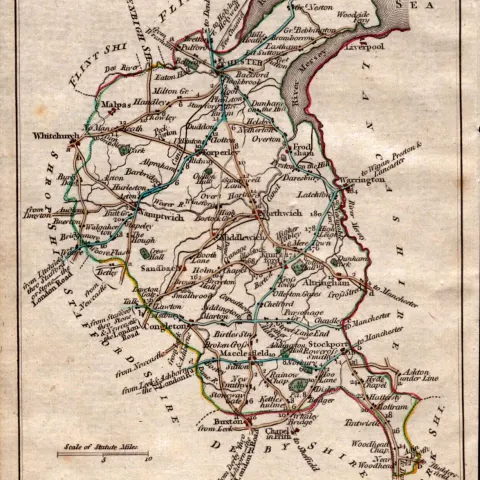 Cheshire John Cary’s 1792 Antique George III Coloured Engraved Map.