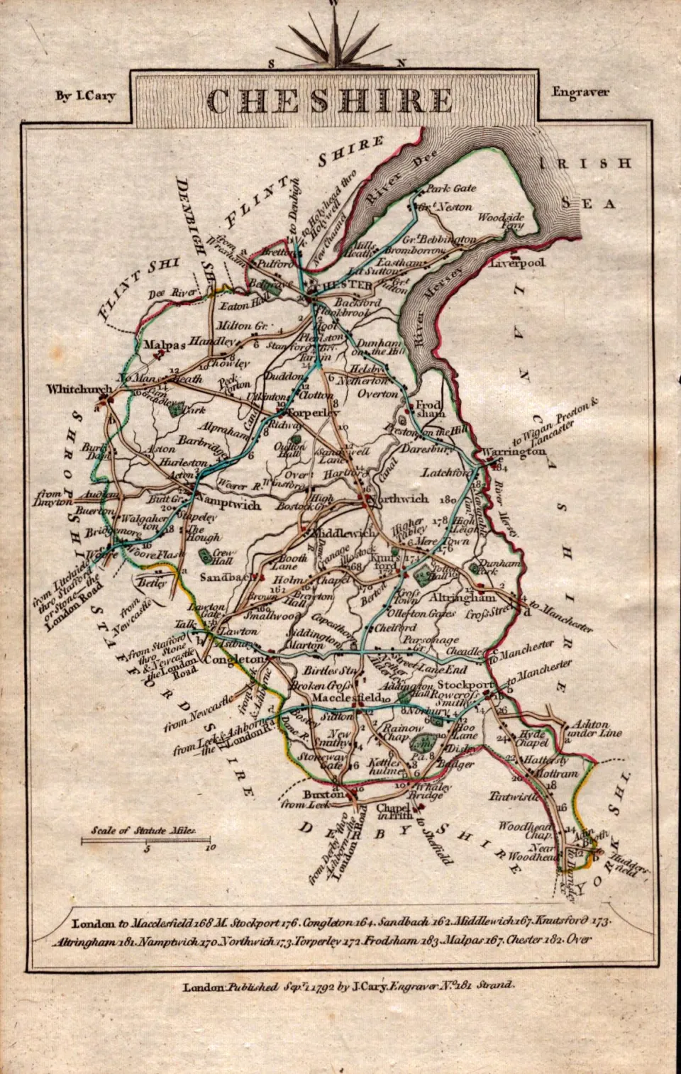 Cheshire John Cary’s 1792 Antique George III Coloured Engraved Map.