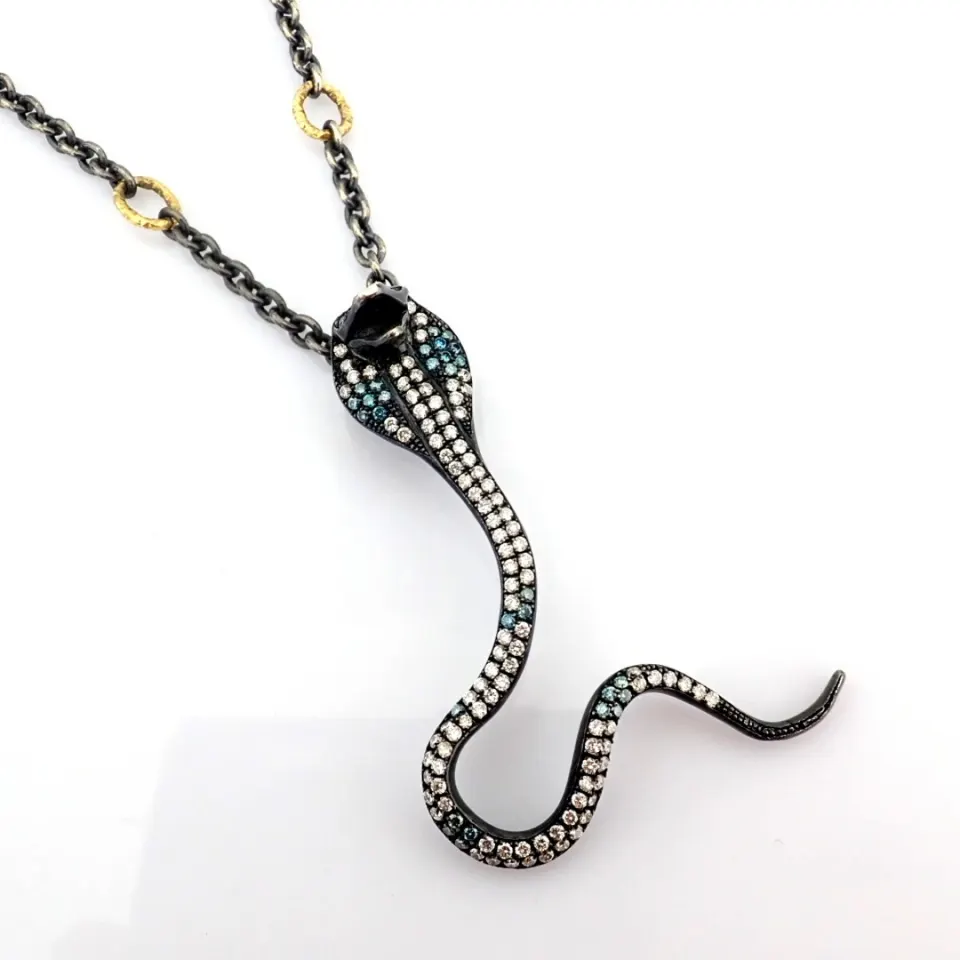 Snake Necklace Intricately Detailed With 1.09 Ct Brilliant Diamonds and 18K Gold On Silver
