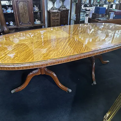 Twin Pedestal Mahogany & Satinwood Oval Dining Table