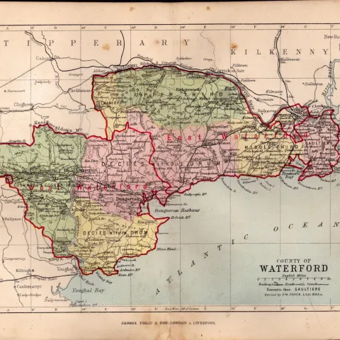 County of Waterford Ireland Antique Detailed Coloured Victorian Map.
