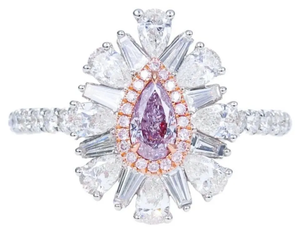 Natural - 0.31ct Pear Shaped Fancy Pink Diamond Ring - GIA Certified