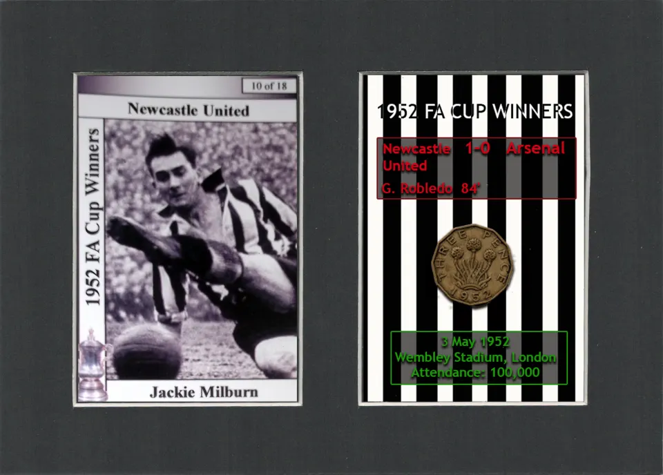 Jackie Milburn Newcastle United 1952 Winners Mount & Penny Coin Metal Art.