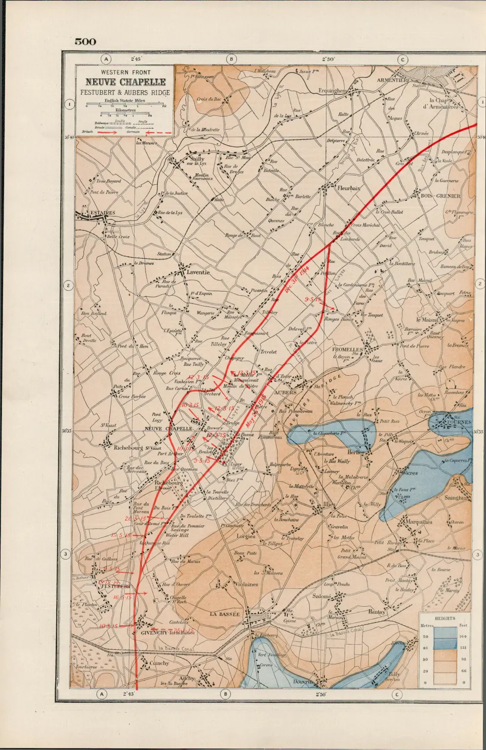 WW1 Western Front Neuve Chapelle Coloured Antique Map 1922.