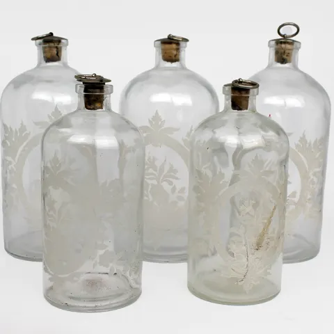 Set of 5 French Etched Chemists Bottles