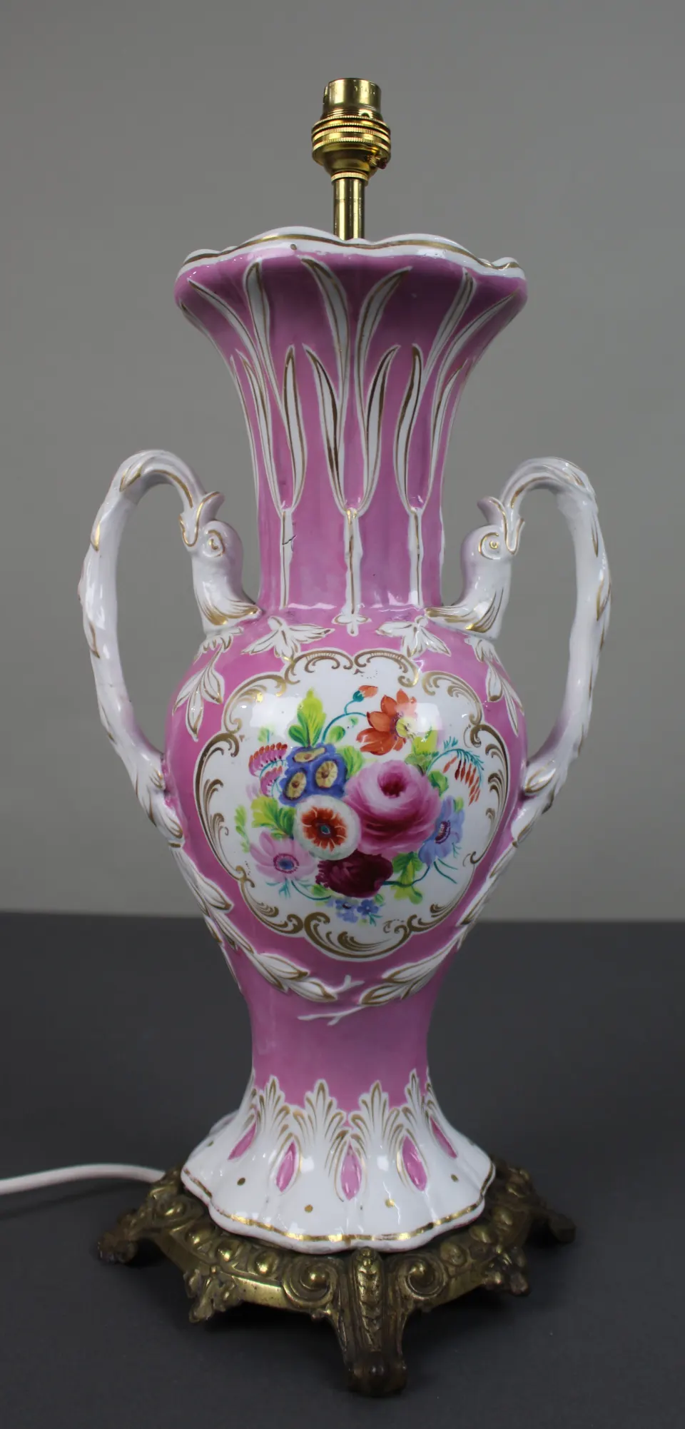 Antique Hand Painted Pink Ground Porcelain Table Lamp, c.1890