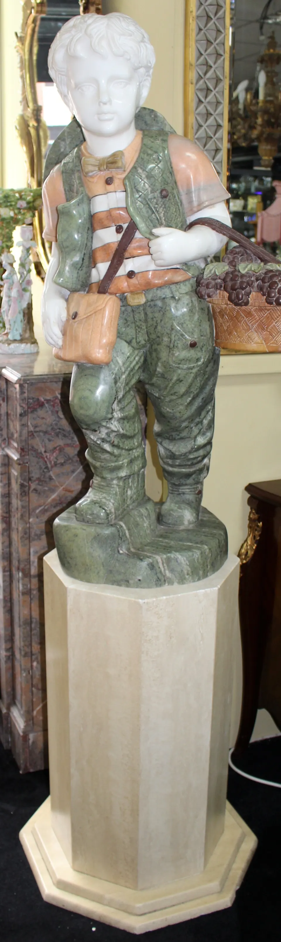Fine Marble Sculpture of Child Grape Seller Figure On Pedestal