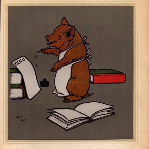Cecil Aldin Merry Party Rare Antique Book Plate “Chef Pig Writing Menu”