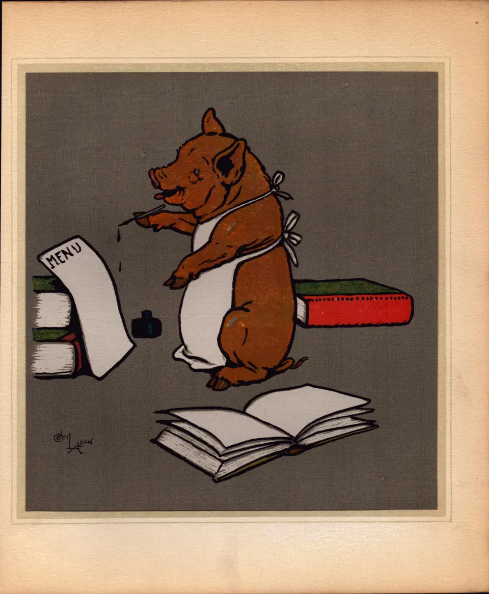 Cecil Aldin Merry Party Rare Antique Book Plate “Chef Pig Writing Menu”