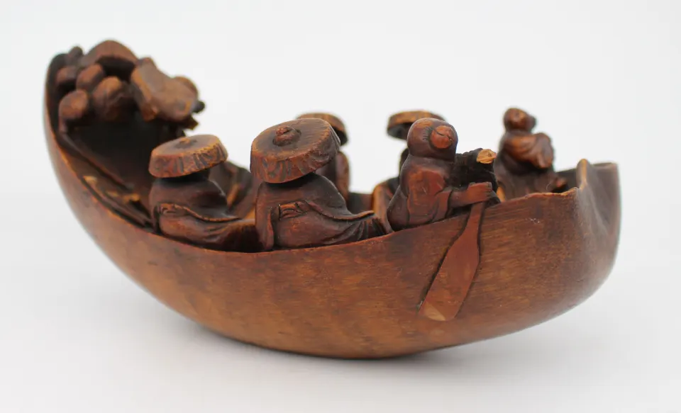 Antique Chinese Rootwood Carving – Boat with Figures – Late Qing / Republic Era