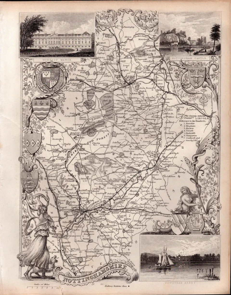 Nottinghamshire Steel Engraved Victorian Thomas Moule Antique Map.