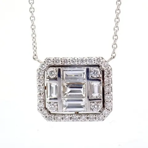 18K white gold necklace detailed with baguette and brilliant diamonds