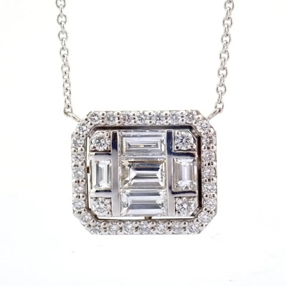 18K white gold necklace detailed with baguette and brilliant diamonds