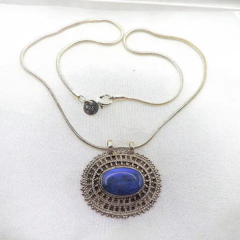 Silver Lapis Lazuli Pendant Necklace With Gift Pouch