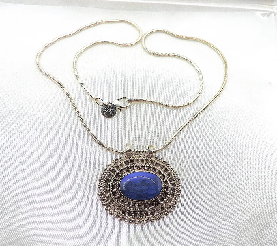 Silver Lapis Lazuli Pendant Necklace With Gift Pouch