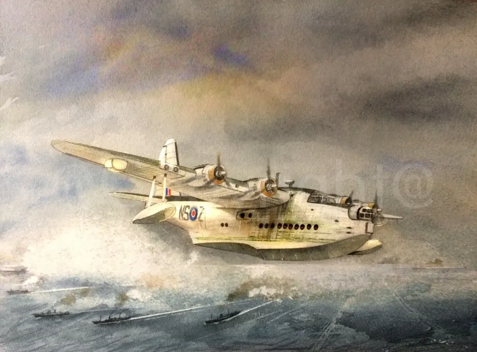 RAF Short Sunderland Flying Boat Over Ship Convoy Metal Wall Art