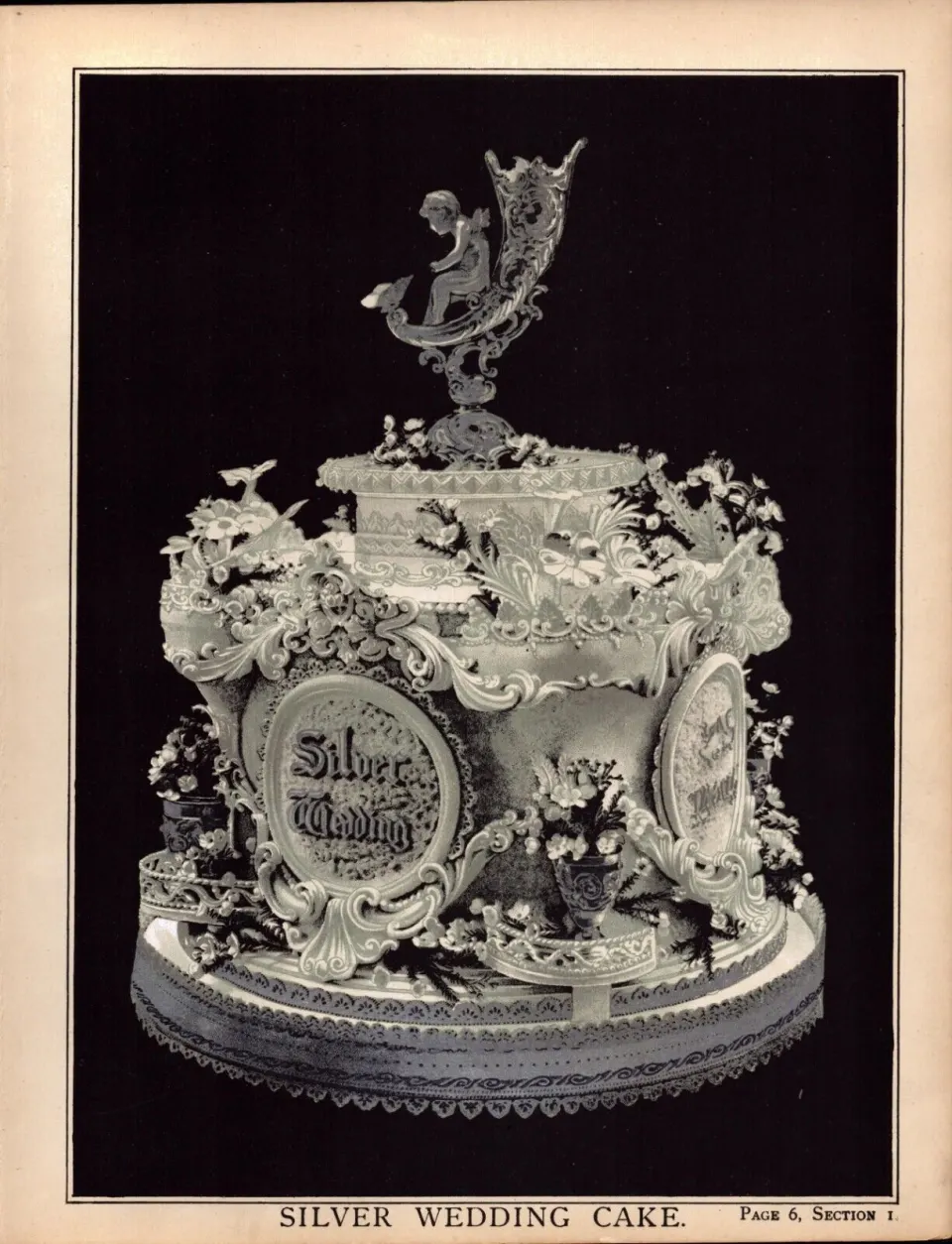 Silver Wedding Cake Victorian  Antique Chromolithograph Print