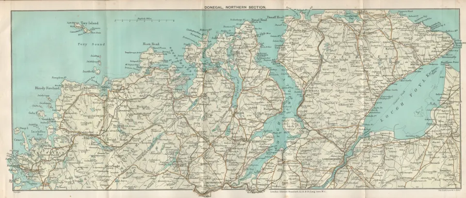 Donegal Northern County Section Detailed Antique Coloured Map.
