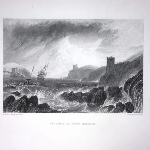 J.M.W Turner Entrance To Fowley Harbour Cornwall Antique Steel Engraving-102-TR