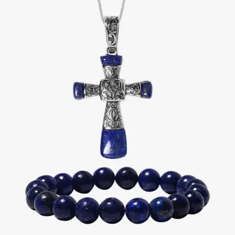 New! 2 Piece Set - Lapis Lazuli Stretchable Bracelet and Cross Pendant With Chain