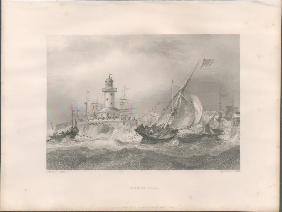 Ramsgate Kent The Lighthouse WH Bartlett  Antique 1842 Steel Engraving.