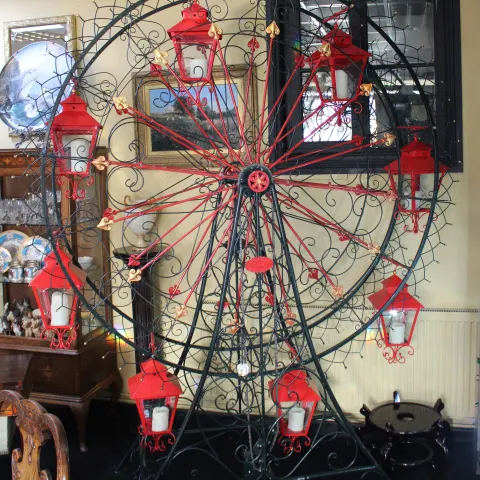 Very Large Painted Metal Garden Ferris Wheel with Lanterns