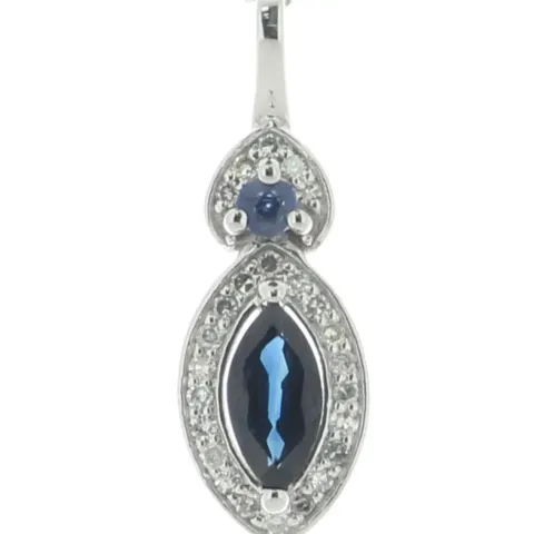 14ct White Gold Marquise Cluster Diamond And Sapphire Pendant And Chain 0.08 Carats