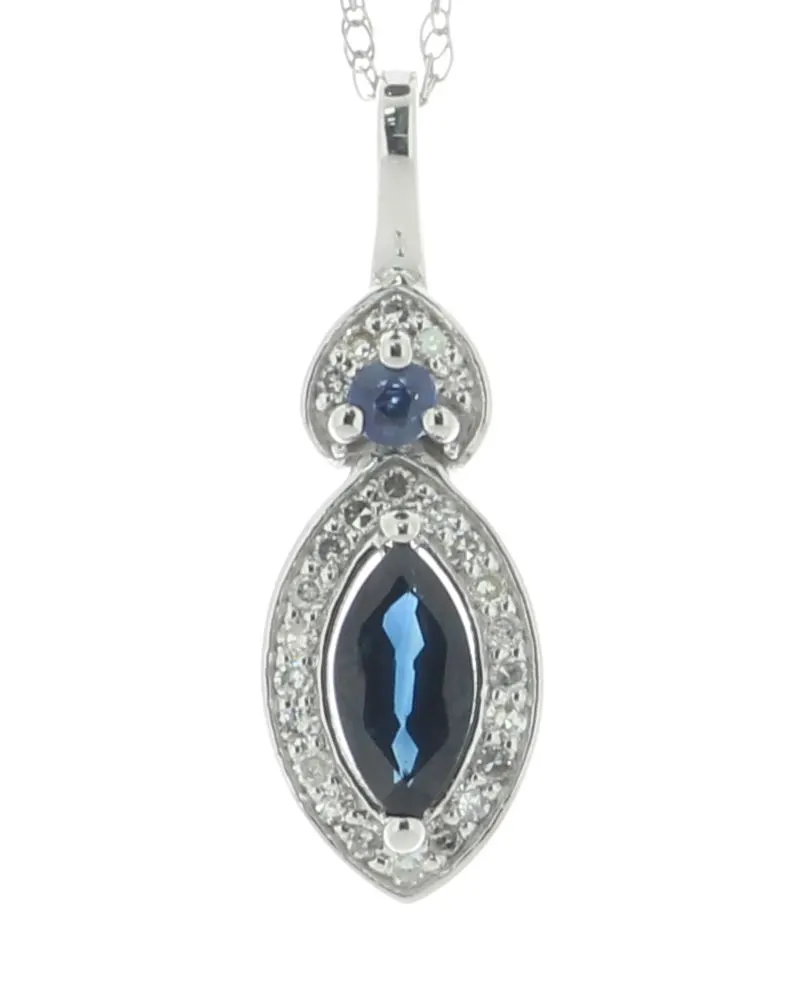 14ct White Gold Marquise Cluster Diamond And Sapphire Pendant And Chain 0.08 Carats