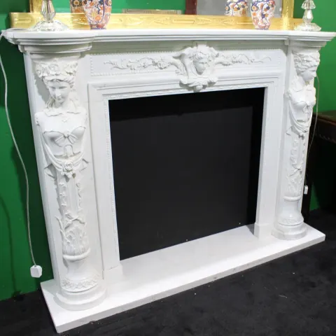 Carved Fire Surround with Caryatid Figures White Marble