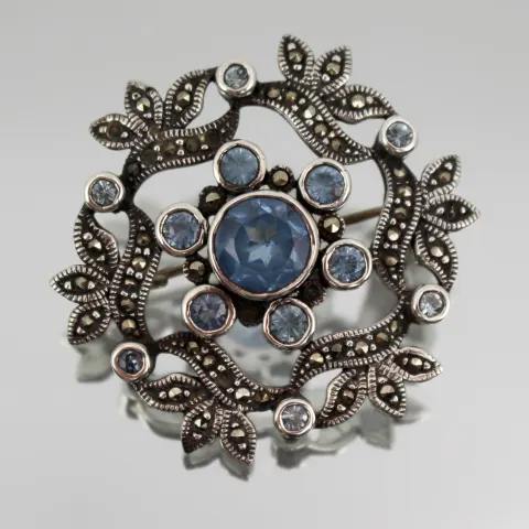 Vintage Silver, Marcasite & Blue Stone Brooch
