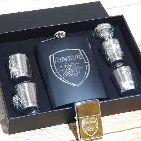 Arsenal FC 8oz Black Hip Flask Set and Silver petrol lighter. Shot glasses and funnel. Rrp £50