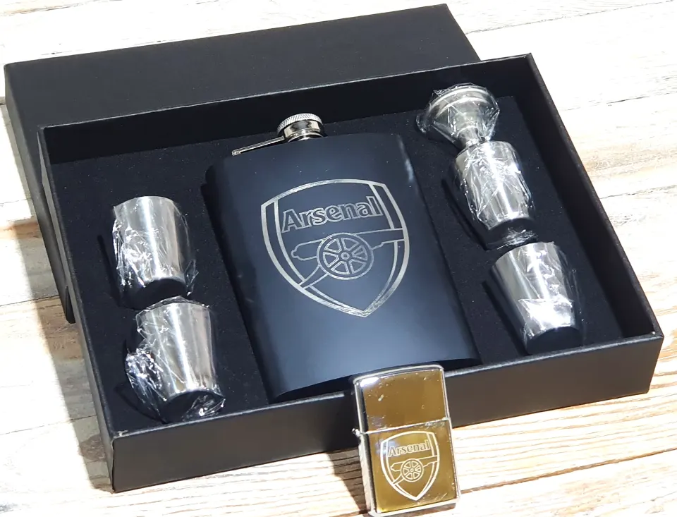 Arsenal FC 8oz Black Hip Flask Set and Silver petrol lighter. Shot glasses and funnel. Rrp £50
