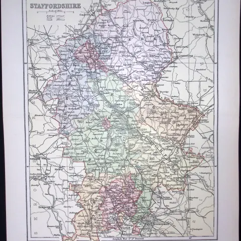 Staffordshire Detailed 1894 Antique Coloured 130 Years-Old  Map.