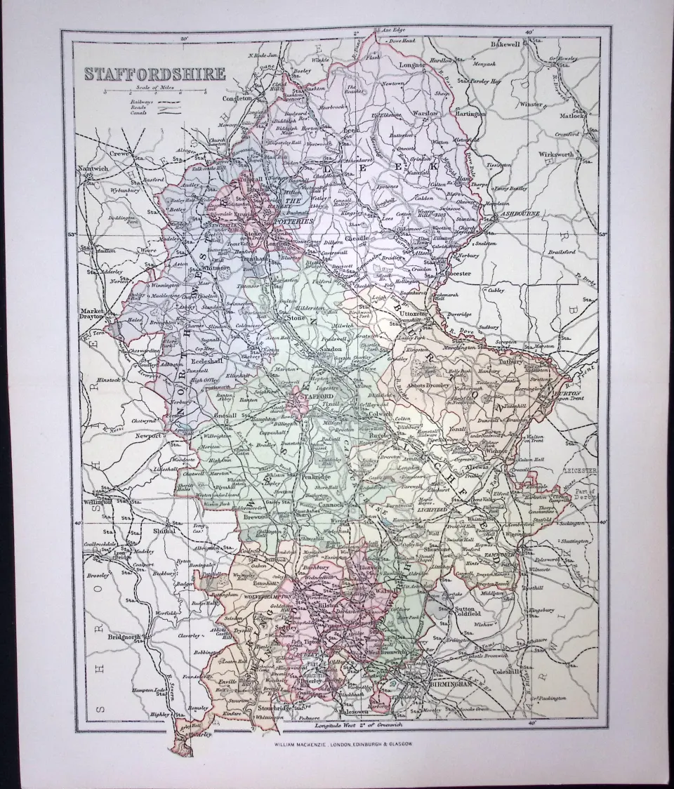 Staffordshire Detailed 1894 Antique Coloured 130 Years-Old  Map.